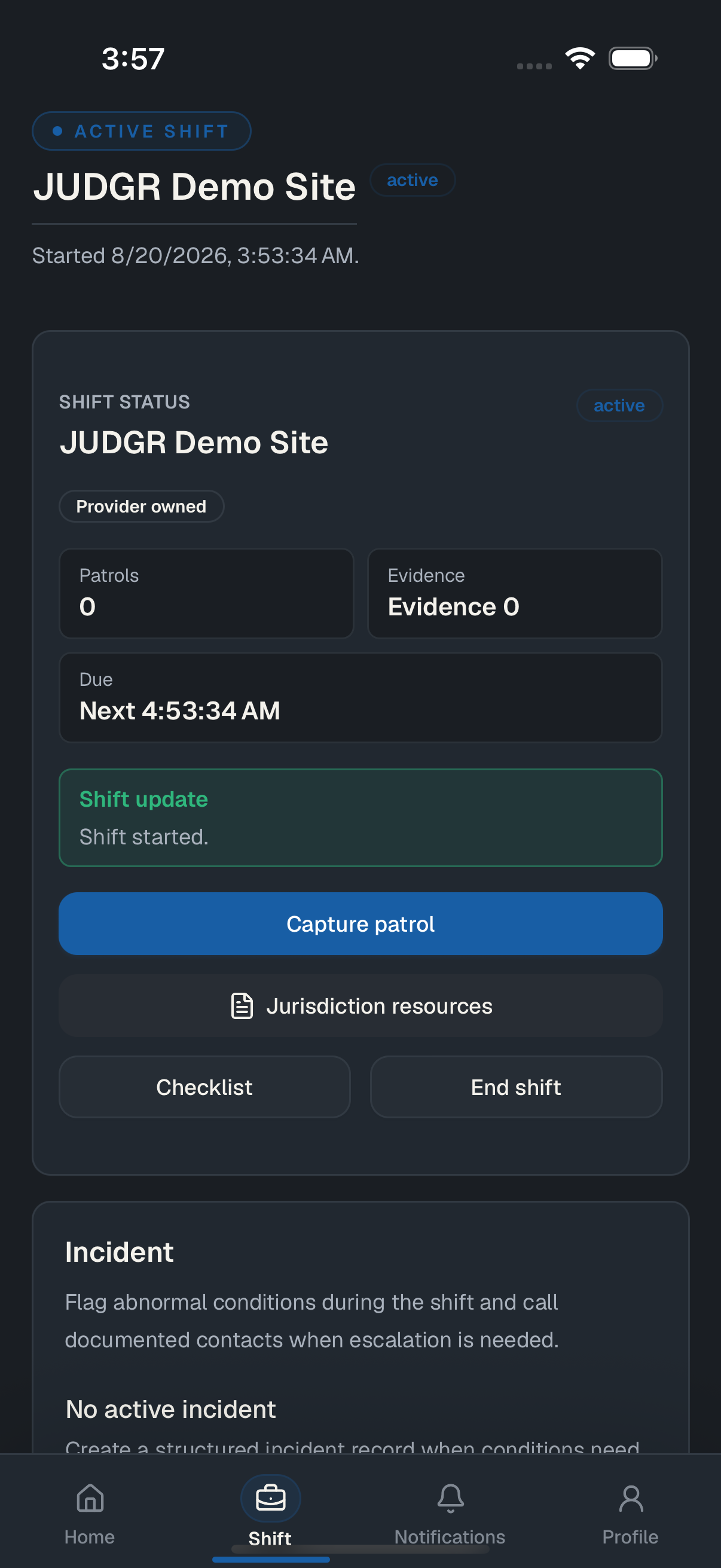 Mobile screen showing an active JUDGR shift for a demo site.